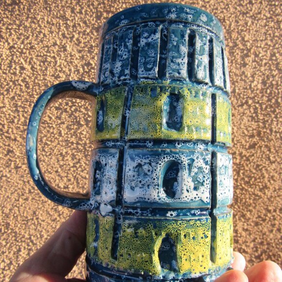 Handmade Vintage Blue and Yellow Italian Lava Glaze Pitcher - Picture 4 of 5